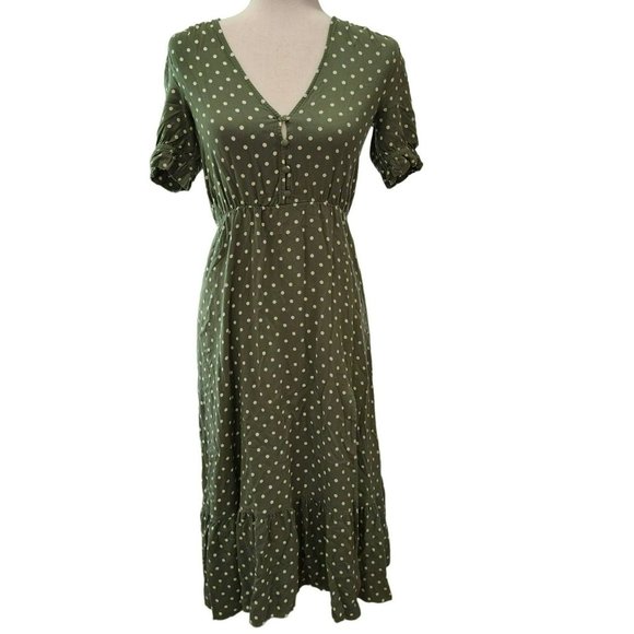 Zara Olive Green And Cream Polka Dot Short Puff Sleeve Midi Dress Size XS - Picture 1 of 15